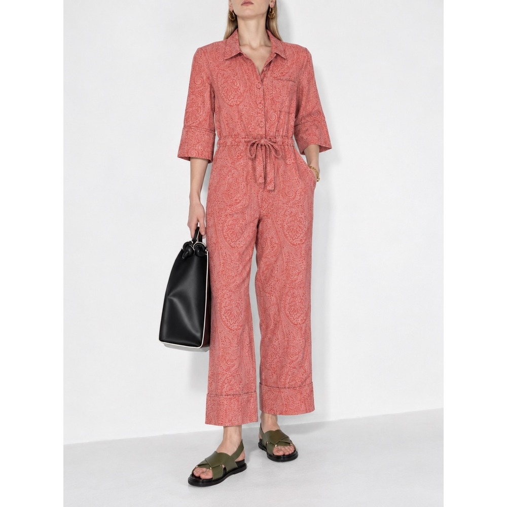 Erdem Truman Jumpsuit Red Pink Paisley Cotton Button Front Drawstring Waist 4
